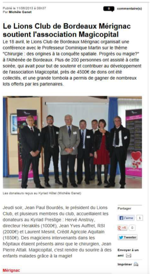 Magikhopital soutient lions club merignac 18 avril 2013