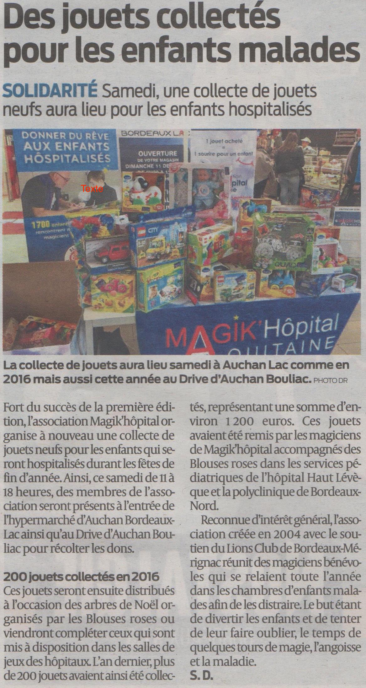 Articlesud ouest 07 12 2017 Collecte de jouets magik hopital
